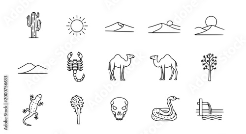 Desert Icons: Cactus, Camel, Scorpion, Lizard, Sun, Dunes, Skull