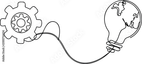Continuous line drawing of a gear connected to a light bulb with globe engineering idea.