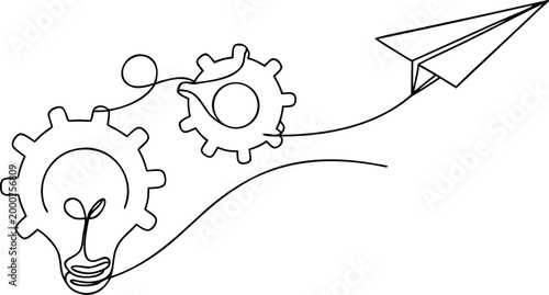 Continuous line drawing of gears and paper plane launching from light bulb idea.