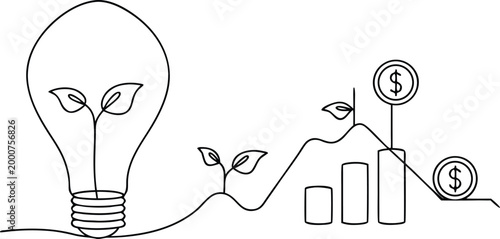 Continuous line drawing of green energy concepts with lightbulb plants and financial data.