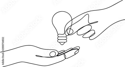 Continuous line drawing of hand giving lightbulb to another hand for idea sharing concept.