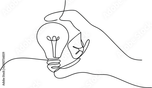 Continuous line drawing of hand holding lightbulb symbolizing creative idea and innovation.
