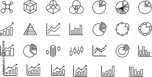   
Minimalist data visualization icon set with charts, diagrams, graphs, pyramid, venn, cube, and network symbols for analytics design