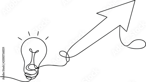 Continuous line drawing of light bulb and growing arrow, business idea concept.