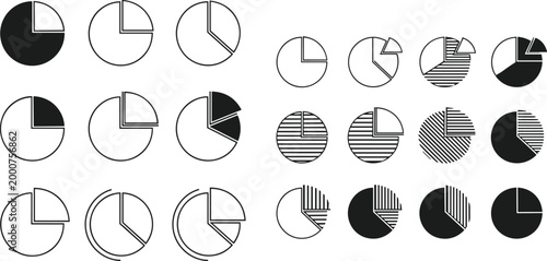 Minimalist pie chart icon collection with outlined, filled, and patterned circular segments for modern data visualization design