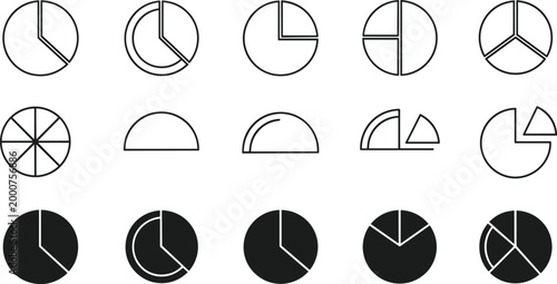 Minimalist geometric circular diagram set with pie charts, fraction icons, modern data visualization symbols for business analytics