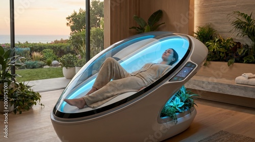 modern futuristic relaxation pod with woman in wellness spa at sunset