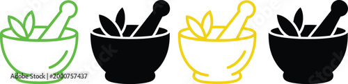 Illustrations of mortar and pestles with herbs inside them in different colors