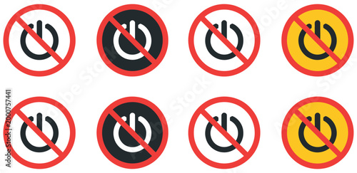 No power off icon set, prohibition symbol with red slash over power icon, device safety restriction and warning graphics, simple modern flat vector design for UI and alerts.
