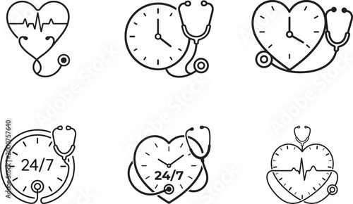 24/7 medical care heart and clock icon set