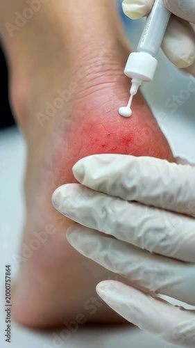 Applying Treatment to a Red and Irritated Heel: A Close-Up View of Foot Care in Action for Soothing Skin and Alleviating Discomfort in a Healing Process