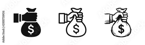 Hand Holding Money Bag with Dollar Symbol Icons for Investment and Profit