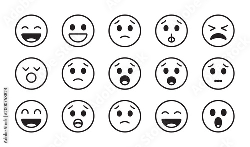 Set of black and white emoji icons with various emotional facial expressions for digital communication designs.