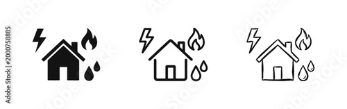 Home Insurance and Natural Disaster Risk Management Icons with Fire and Water