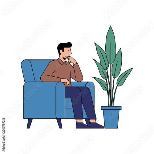 Man Sitting in Armchair, Thinking Next to Plant