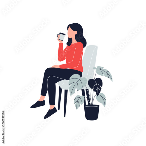 Woman drinking coffee on chair with plant