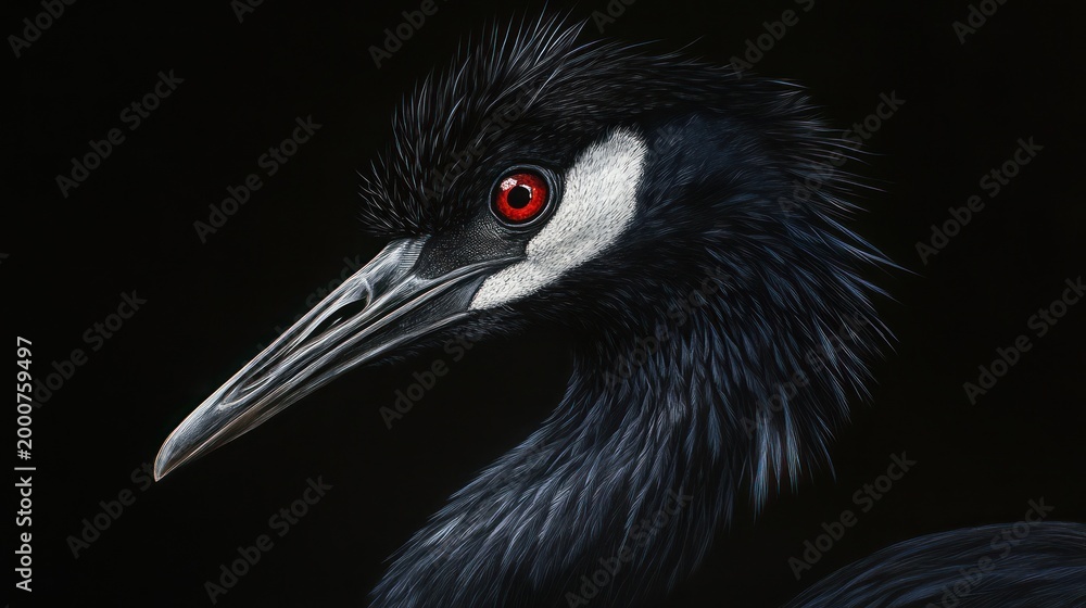 Fototapeta premium Close-up crane portrait, artistic rendering, black plumage, red eyes