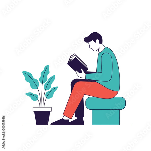 Man reading book, plant, minimalist illustration
