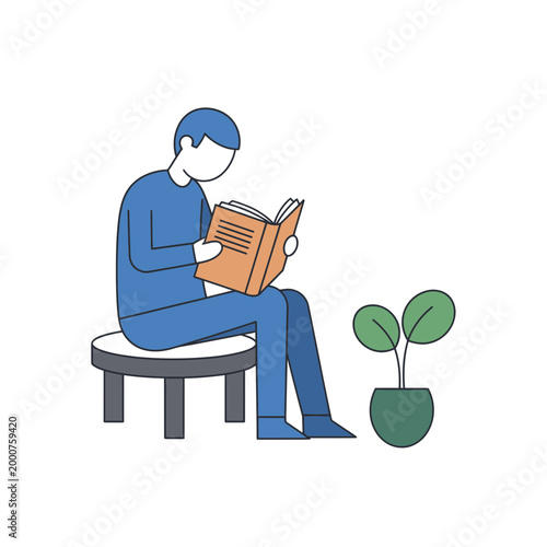 Man reading a book on a stool