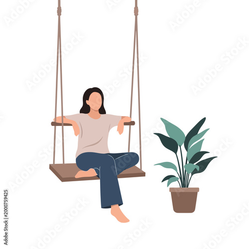 Woman relaxing on a swing, indoor plant