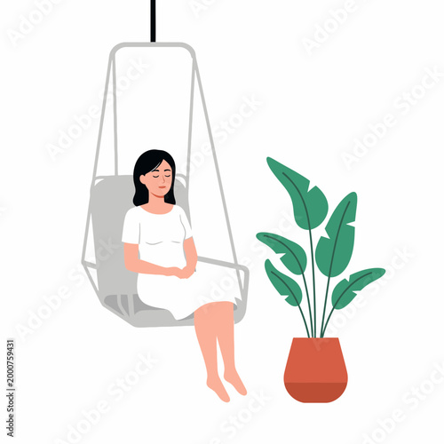 Woman Relaxing in Hanging Chair with Plant