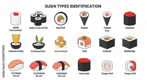 Colorful Abstract Vector Illustration of Modern Digital Art Sushi Types Identification, Isolated Background