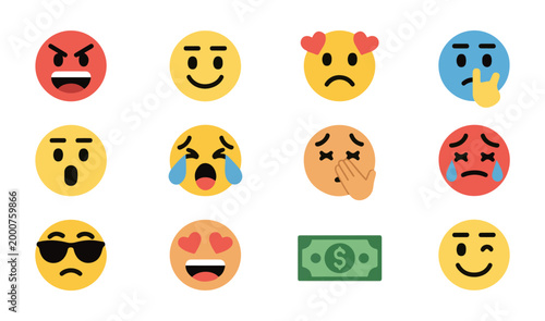 Set of colorful social media emojis featuring diverse facial expressions and a money symbol for messaging.
