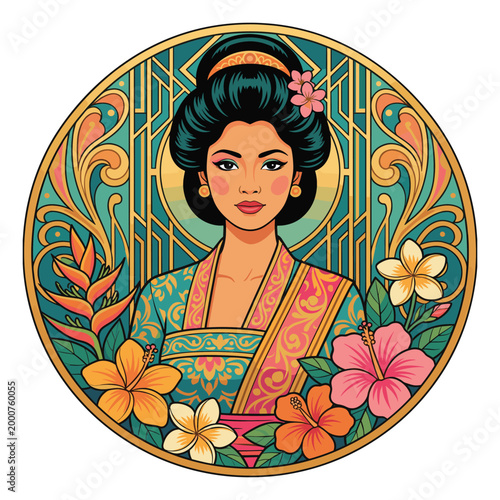 Asian Beauty in Floral Frame: A stunning illustration of a woman framed by tropical flowers. The woman adorned in intricate traditional garments, her serene gaze captures the eye.