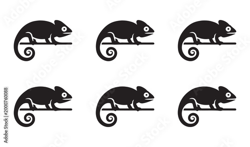 Chameleon lizard reptile silhouette flat design vector set of six identical animals sitting on thin branch.