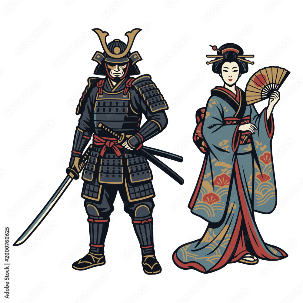 Fototapeta premium Traditional Japanese Ensemble: Illustration of a samurai warrior and a geisha, dressed in exquisite traditional attire.