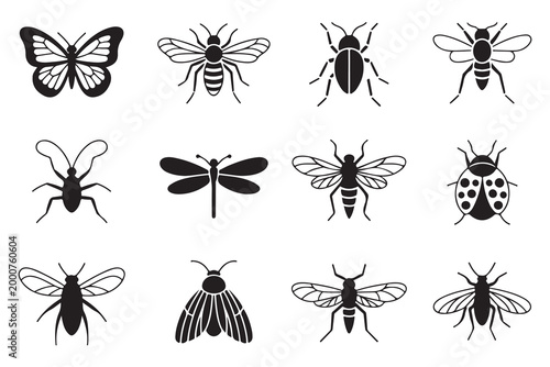 Assortment of Twelve Insect Silhouettes Icons on White