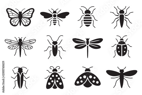 Collection of black insect silhouettes including butterfly, bee, and beetle icons on white background