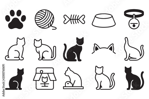 Set of minimalist cat icons and pet accessories silhouettes including paw prints and yarn