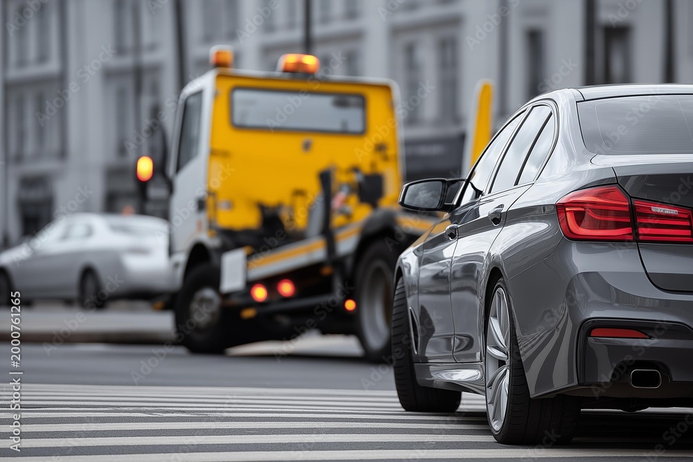 Fototapeta premium A sleek gray car is parked near a bright yellow tow truck on a busy city street, showcasing urban vehicle dynamics.