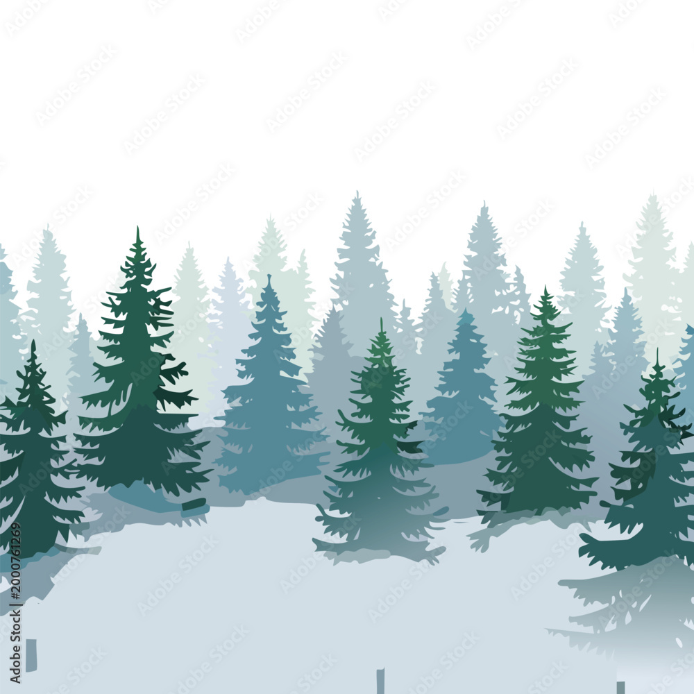 Obraz premium Forest of evergreen trees in a misty landscape illustration