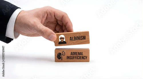 Medical professional hand stacking wooden blocks labeled Albinism and Adrenal Insufficiency with medical icons, rare genetic and hormonal disorder diagnostic awareness concept, isolated on white