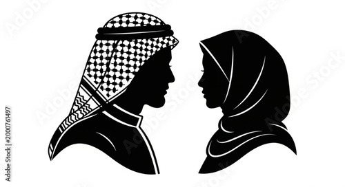 Silhouette of Arab Man and Woman Facing Each Other.