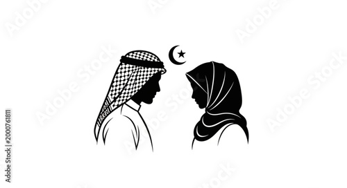 Silhouette of Muslim Couple Facing Each Other with Crescent Moon Symbol.