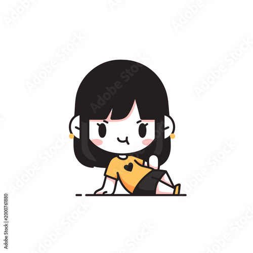 Cute cartoon girl with dark hair.