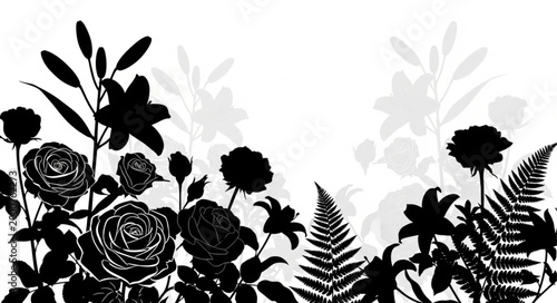 Silhouette of various flowers and plants against a white background.