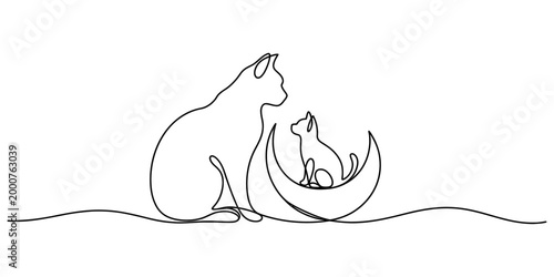 Continuous single line drawing of an adult cat looking at a small kitten sitting inside a crescent moon shape representing love and family bond