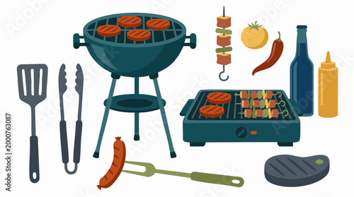 Collection of Barbecue Grilling Essentials with Food and Tools