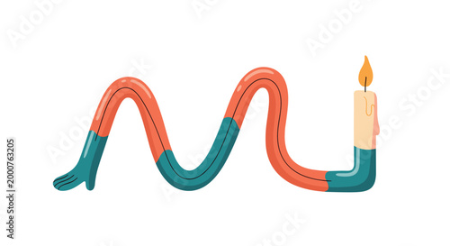 Surreal and creative illustration of a long orange and blue wavy arm with a hand on one end and a lit candle on the other.