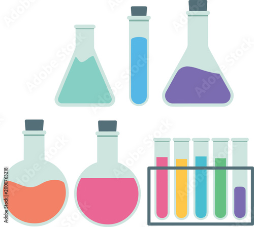 Laboratory glassware collection with colorful liquids test tubes flasks and beakers flat vector illustration for science research