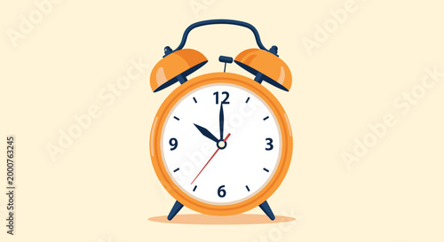 Orange twin bell alarm clock displays ten o'clock precisely against a plain light yellow studio background for time concepts.