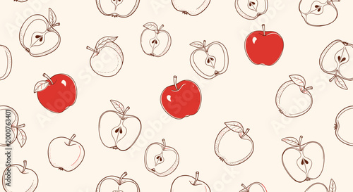 Seamless pattern features whole red apples mixed with delicate hand-drawn apple sketches and halves on a light beige background.