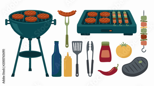 Barbecue and grilling essentials with food items, cooking tools, and condiments