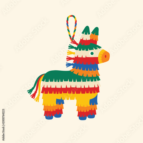Colorful donkey pinata with fringed paper layers on cream background