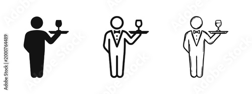 Waiter and catering service icon set, server holding tray with wine glass