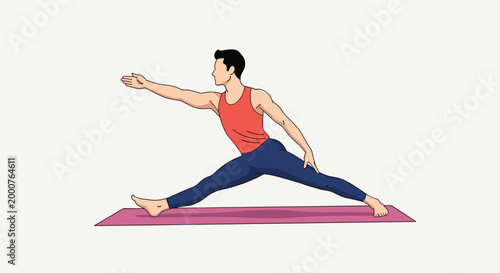 Athletic man performs a wide-legged stretching yoga exercise on a pink mat to improve flexibility and physical strength.